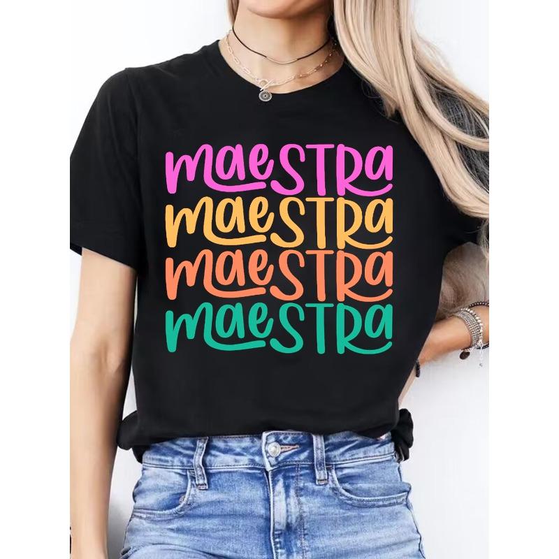 

Women Spanish Alphabet A-Z Print Tee Round Neck Short Sleeve Casual Top For Language Learning & Class S чёрный