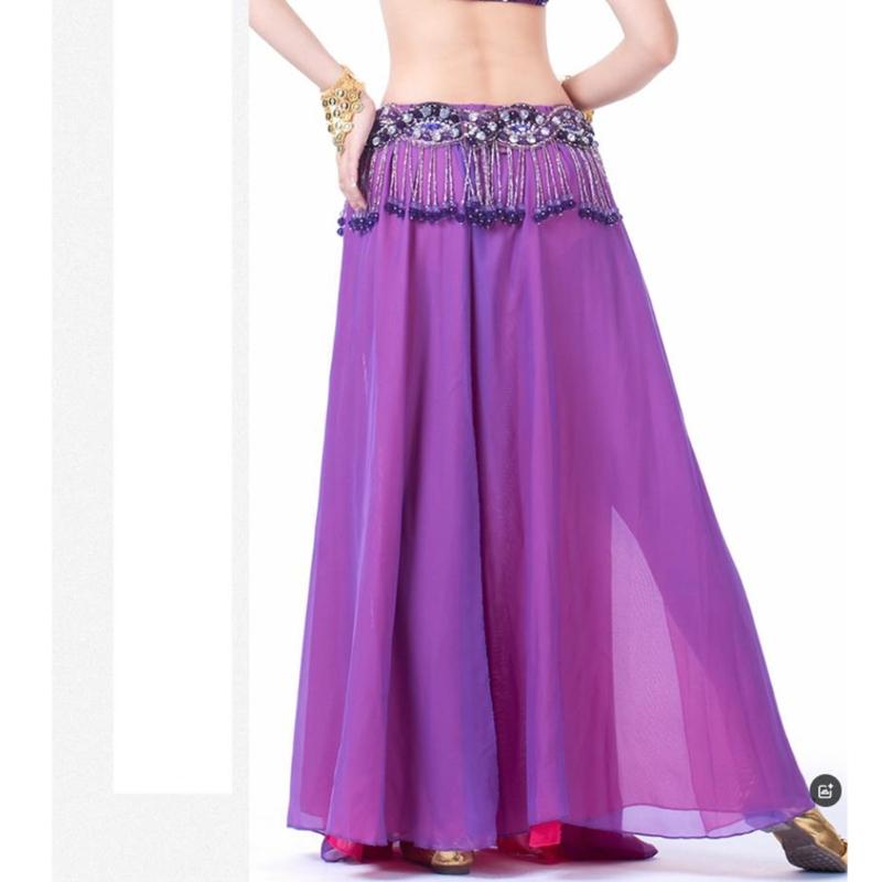 Belly Dance Skirt Double Slits Dance Training Dress Chiffon Long Skirt for Professional and Beginner