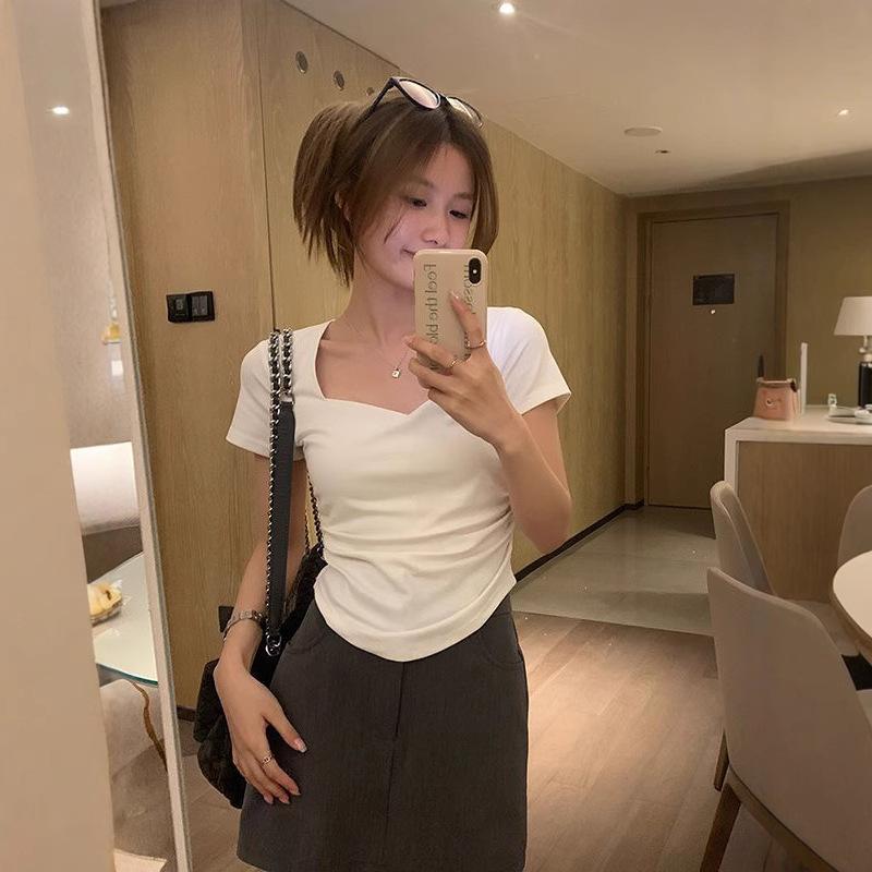 

Женская летняя футболка с коротким рукавом, новый корейский стиль, дизайн в стиле чистого желания, нишевый, облегающий крой, асимметричный топ XL