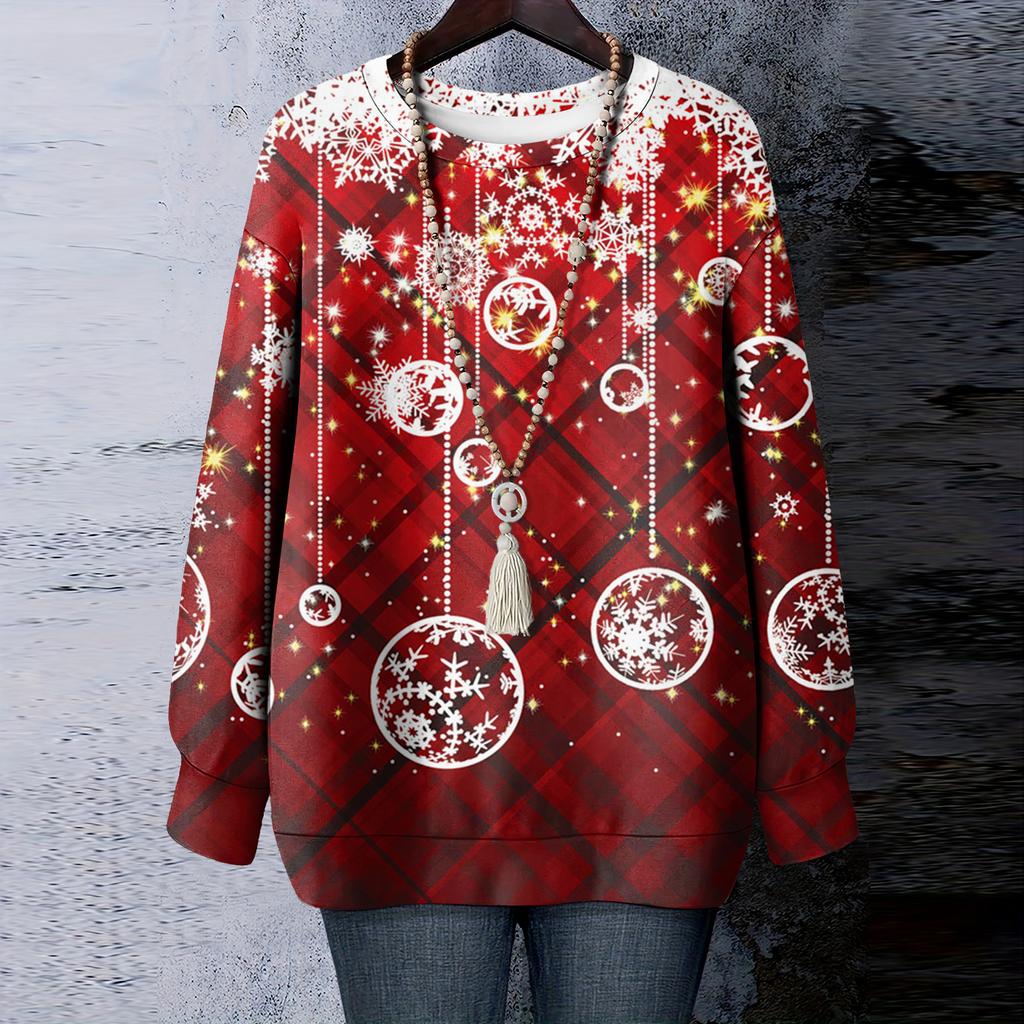 Ladies' Christmas Printed Round Neck Long Sleeved T-shirt Sweatshirt Top