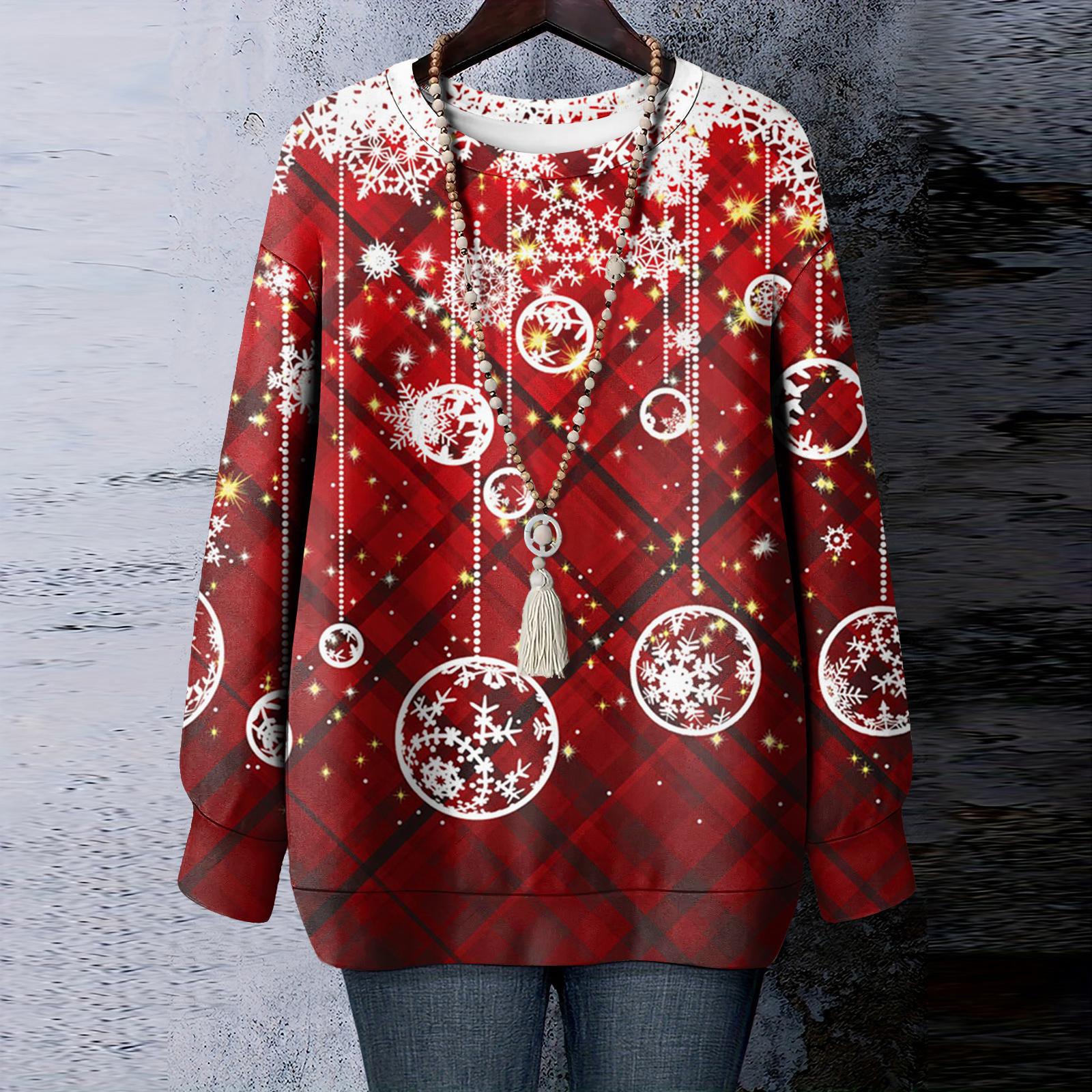 

Женская рождественская футболка с круглым вырезом и длинными рукавами XL винный