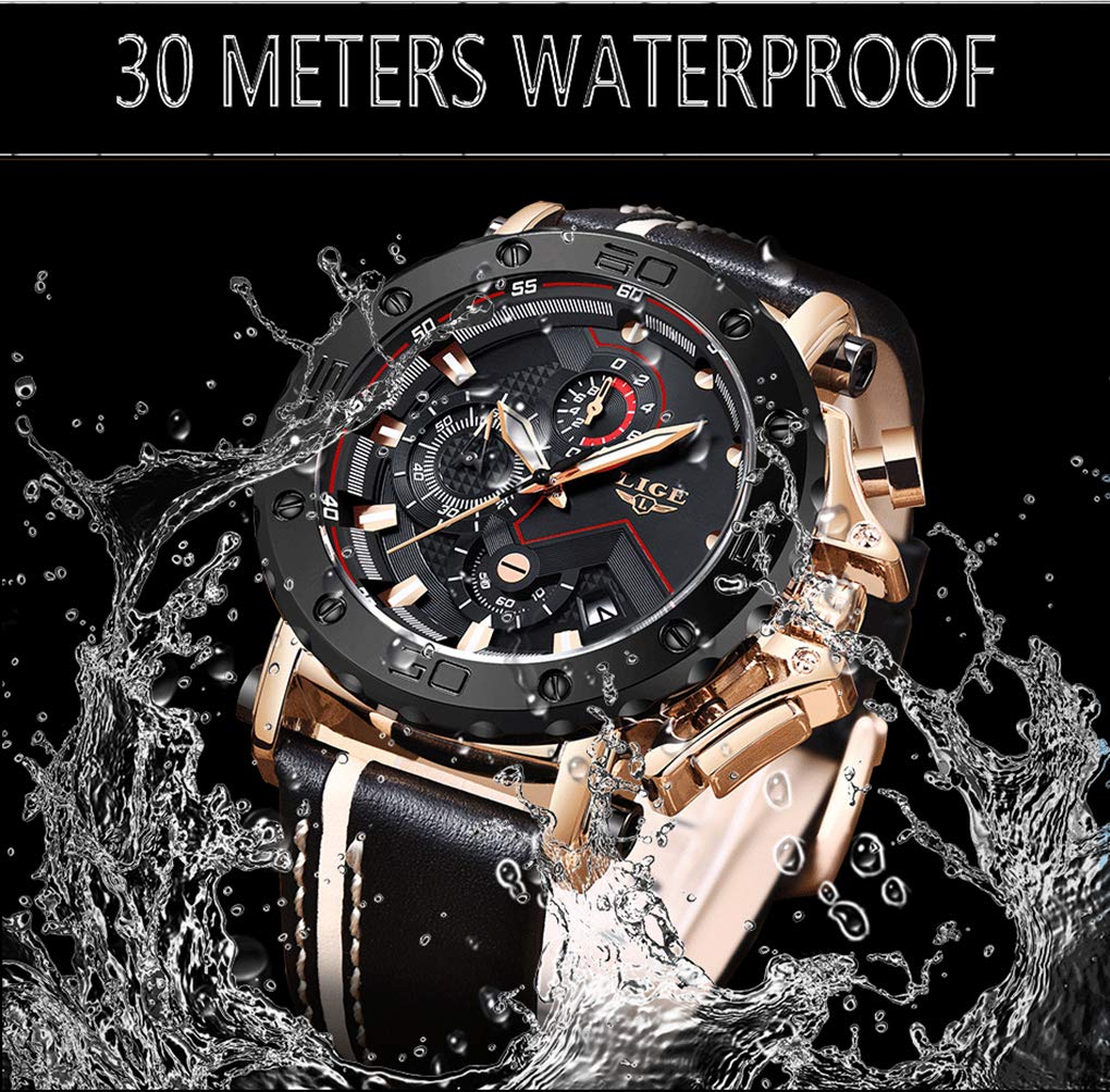 LIGE Men's Multifunction Quartz Watch LG9899A Black Genuine Leather Strap Chronograph Date Display Water Resistant