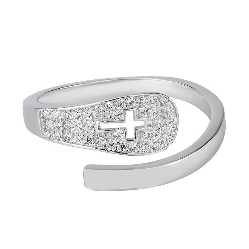 Adjustable Cross Ring Women Men Rhinestone Inlaid Vintage Style Fashion Jewelry Gift Adjustable Open Band
