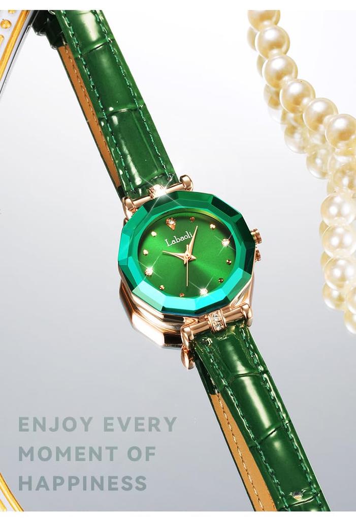 Stylish and Cute Crystal Watch for Women with a Leather and a Lovely Gift for Strap. Waterproof, Brand-name, Business-friendly, Her. Green.