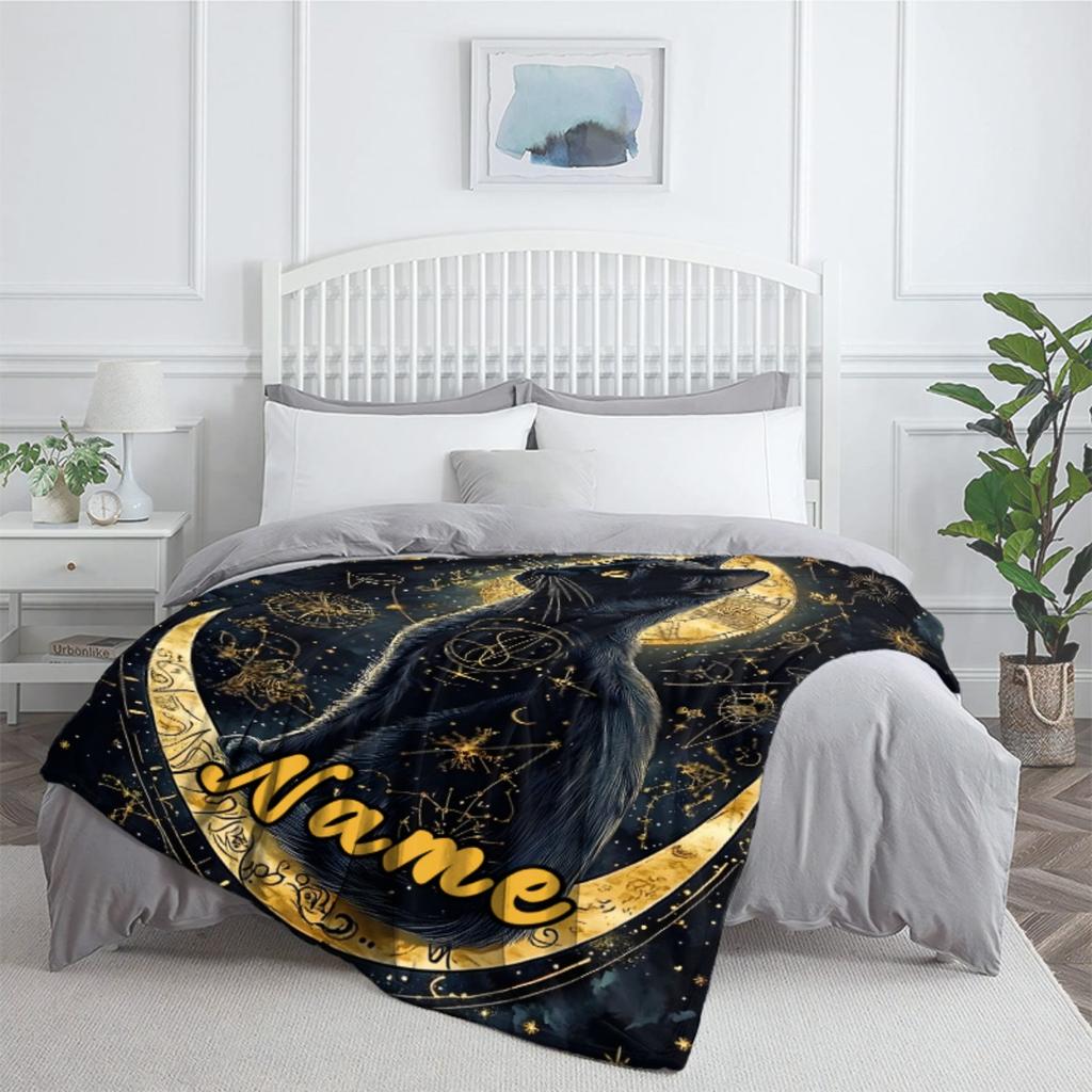 Black Cat On Moon Flannel Throw Blanket Celestial Witchy Star Constellation Cat Blanket