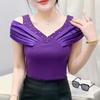 Classic Summer Women's Sexy V-Neck Hot Diamonds T-shirt Elegant Off Shoulder Ladies Tops Shirts Short Sleeved Cotton Tees