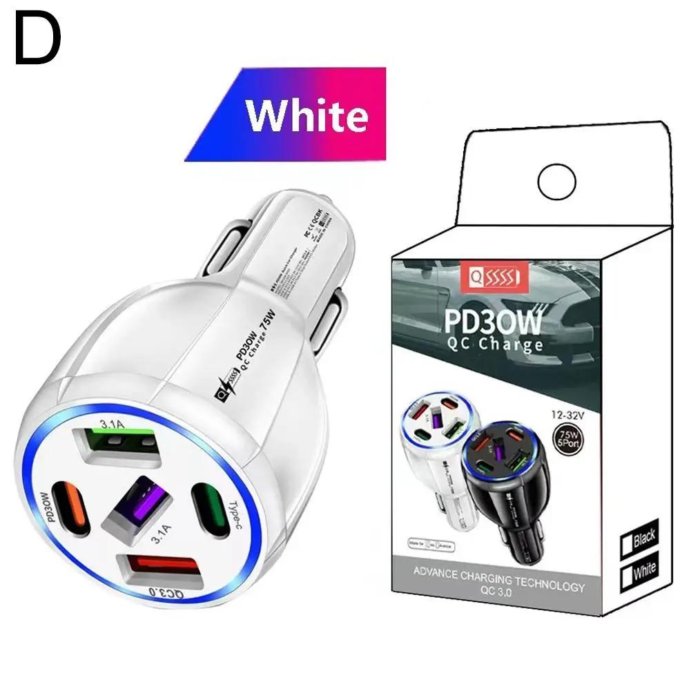 Car Charger 5 Port USB Type C 75W PD Phone Charger Quick Charge 3.0 Fast Charging Power Adapter For IPhone Samsung H U6Q0