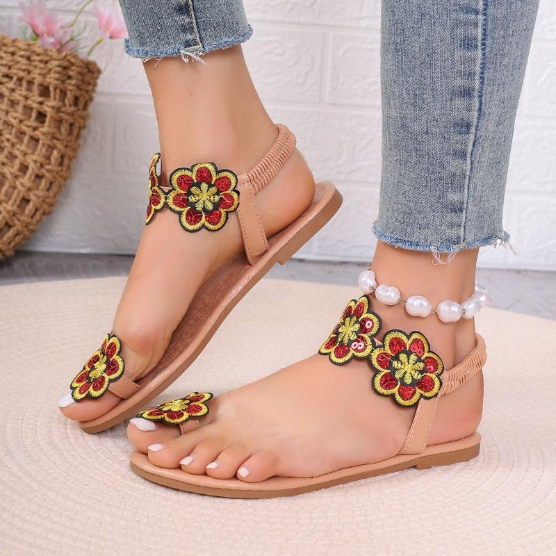 

Large size flower flat sandals women s vacation wind toe elastic beach cool slippers wish 43 красный