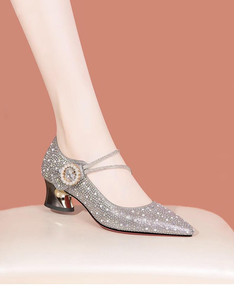 New rhinestone word with thick heel single shoes women's high heels 2025 spring and autumn fashion medium heel wedding shoes shallow mouth women's