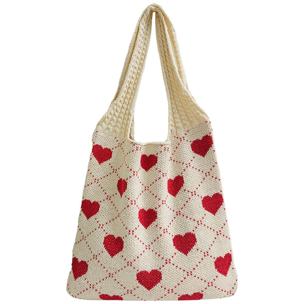 Crochet Tote Bag for Women Heart Pattern Summer Beach Bag Large Capacity Handbag for Vacation Travel