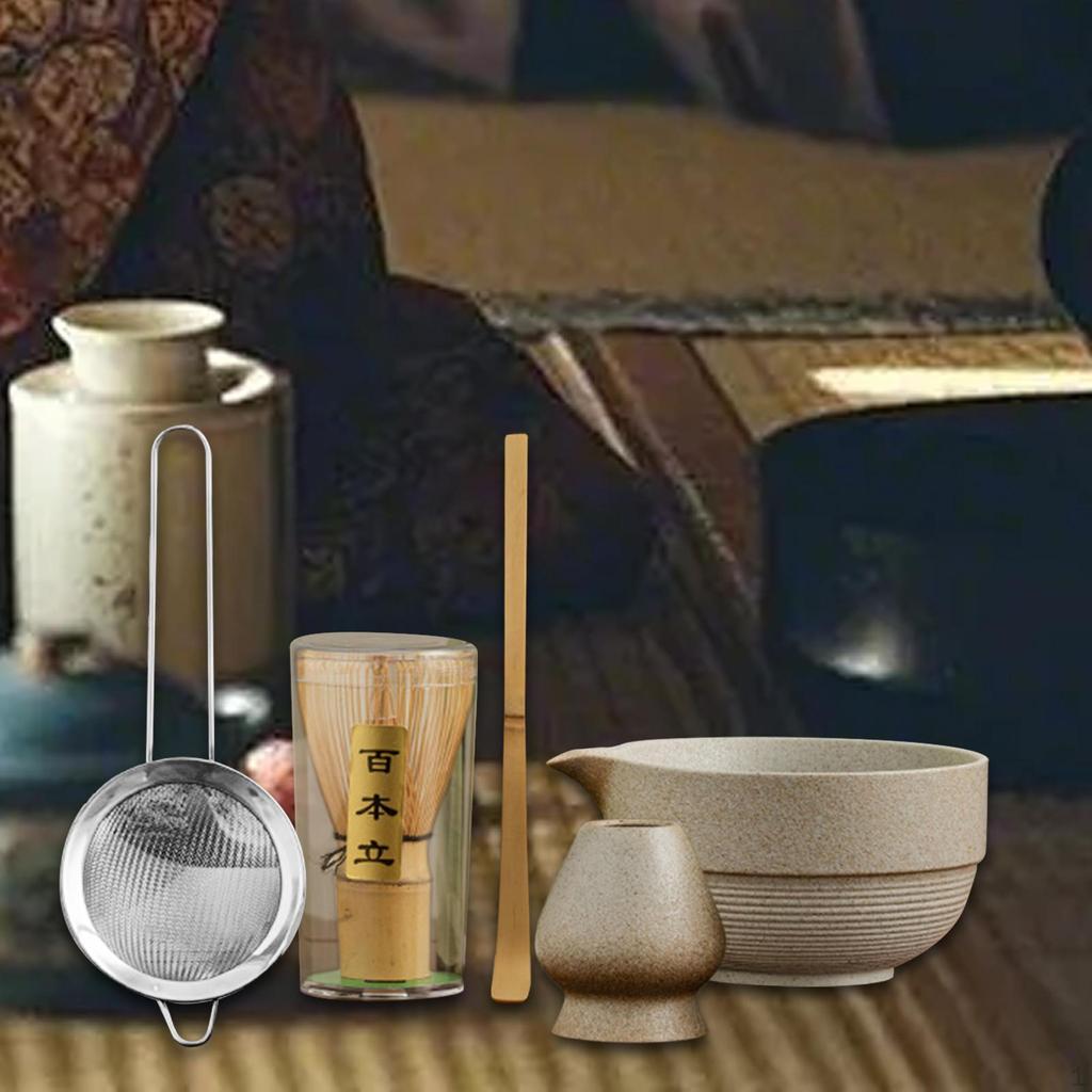 Matcha Set Keramikschale mit Ausguss für Teeliebhaber Tragbar Robust Sieb Besenhalter Zeremonie