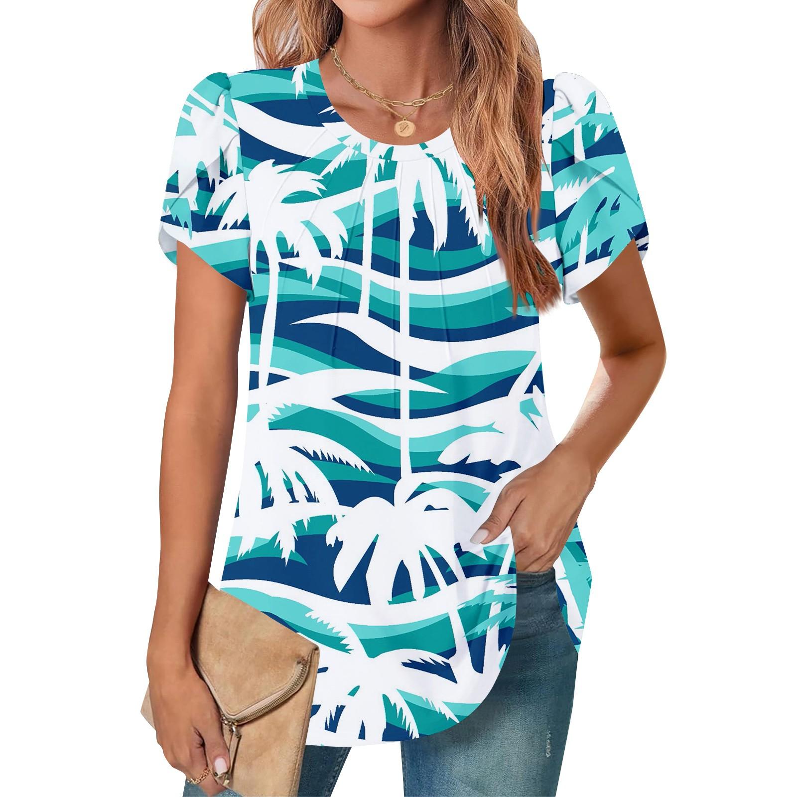 

Женский повседневный топ с круглым вырезом и коротким рукавом, с плиссировкой и расклешенными рукавами, с цветочным принтом L синий