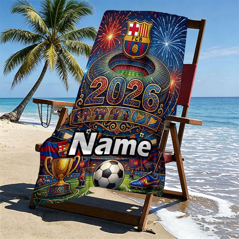 Personalisierter Strandtuch mit individuellem Namen, FC Barcelona Druck, für Reise, Camping, Strandparty, Heimdekoration, Geburtstagsgeschenk für Familie & Freunde