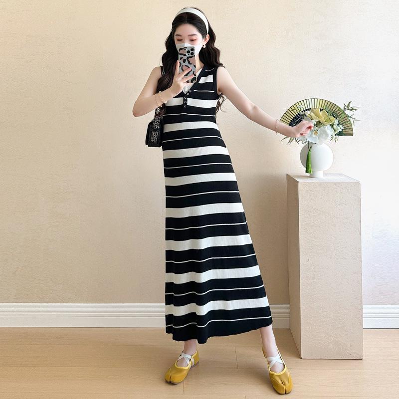 New Summer Striped Knit Maternity Vest Dress - Korean Style L