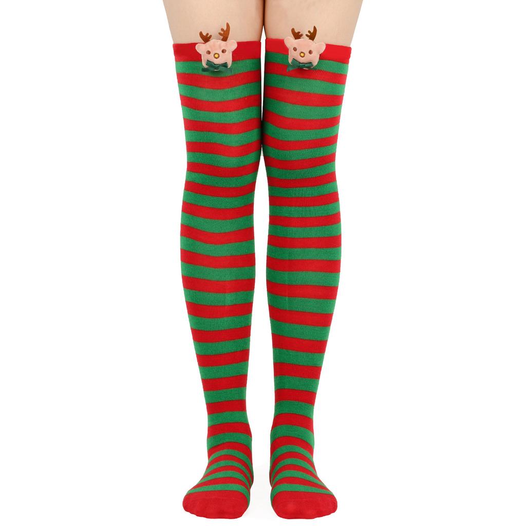 Women Cartoon Plush Elk Bowknot Striped Over Knee Long Socks Thigh High Stockings for Christmas Cosplay Costume Hosiery