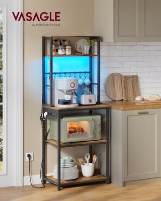 KKS049KD01 Scaffale da Cucina con Illuminazione a LED, Scaffale Autoportante con Prese, Scaffale per Microonde con Ripiani Regolabili, 8 Ganci, 40 x 60 x 168,4 cm