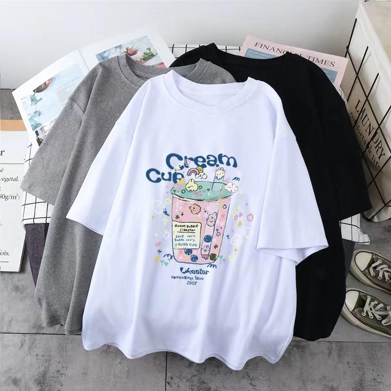 Summer Short Sleeve Tshirt Women Cartoon Print Round Neck Top Fashion Loose Tee
