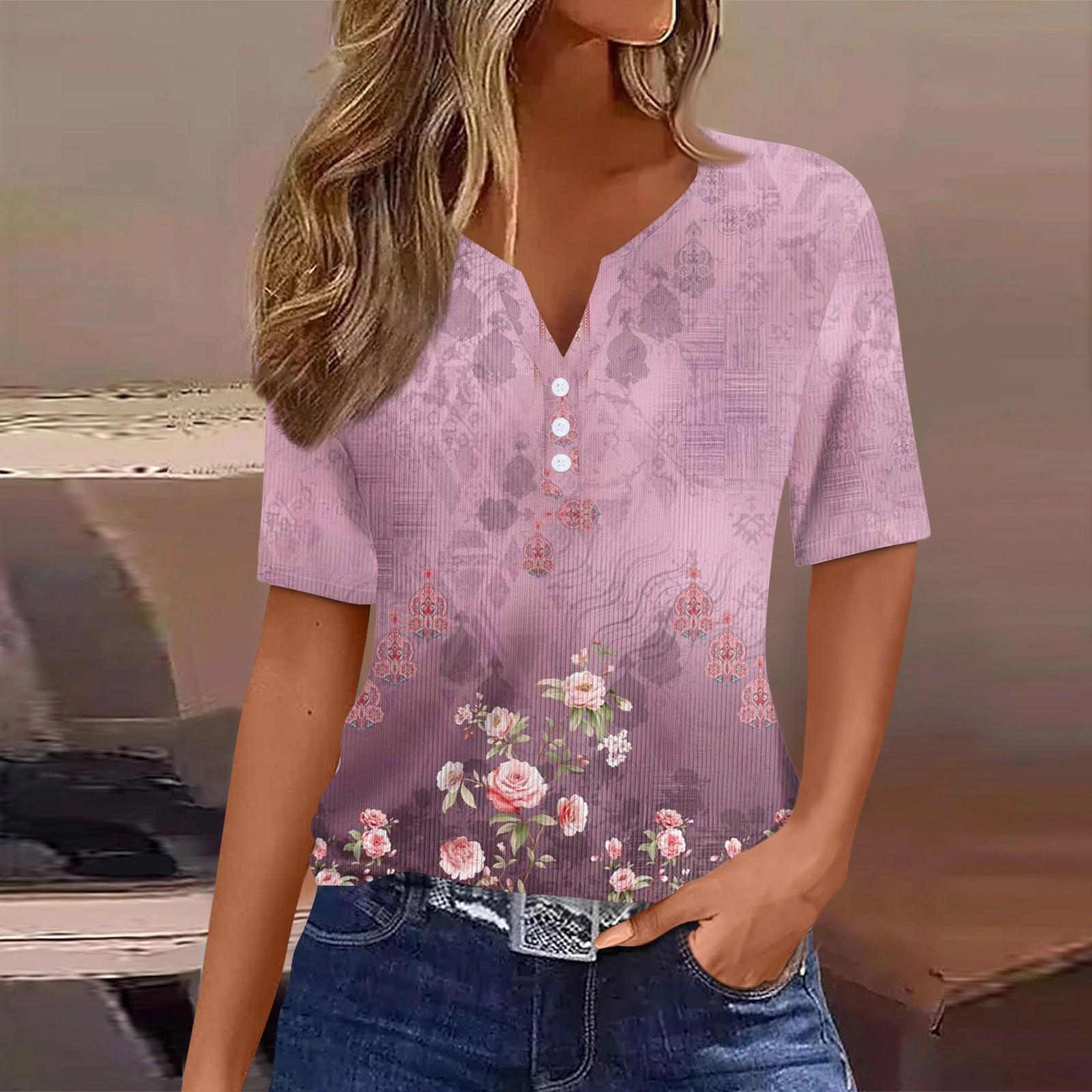 

Женская футболка с принтом на пуговицах, короткий рукав, туника, повседневная, выходного дня, модная, базовая, с V-образным вырезом, стандартный топ M