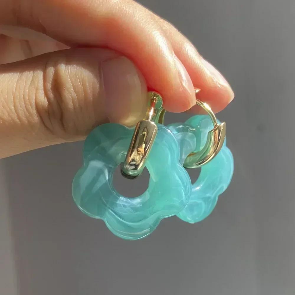 Candy Color Fashion Girl's Transparent Acrylic Resin Marbling Flower Earrings Gold Color Hoop Earings Jewelry Accessories Gifts