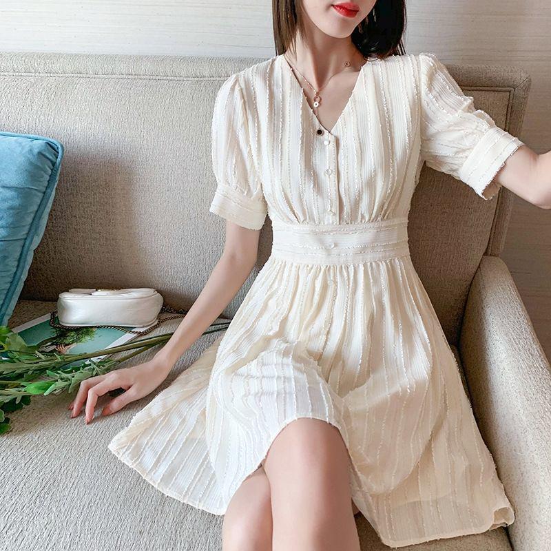 Elegant French Niche 2026 V-Neck Slimming A-Line Chiffon Dress for Women