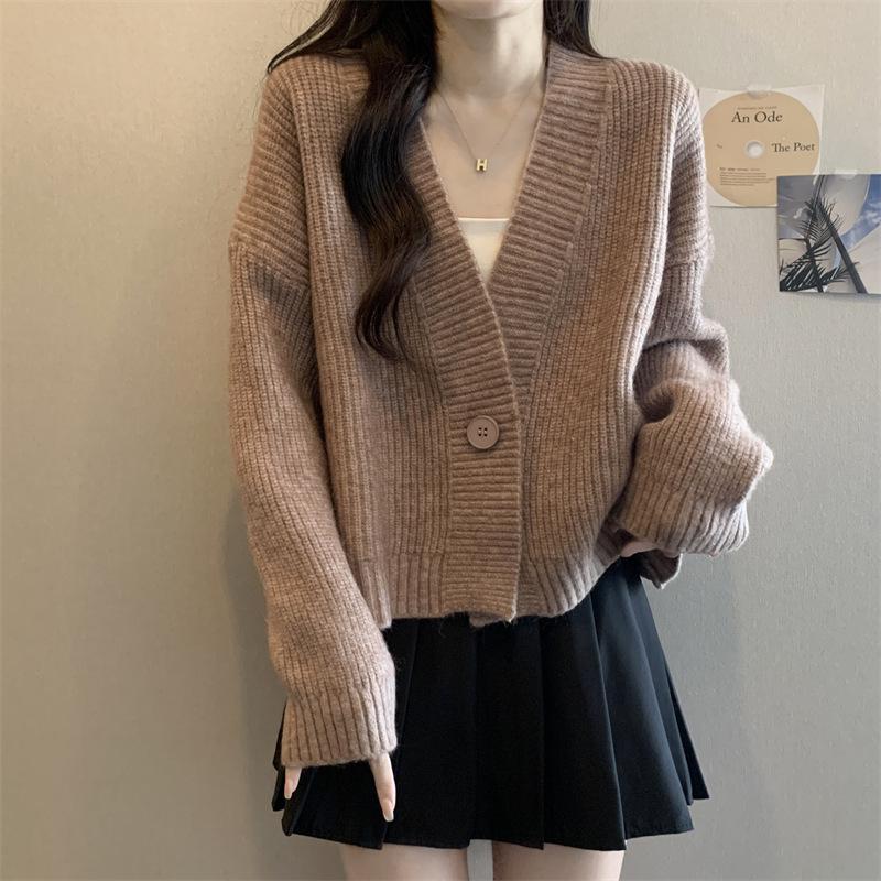 Autumn and Winter New Casual Simple Style Knitted Cardigan Women's Loose V-neck Loose and Versatile Solid Color Sweater