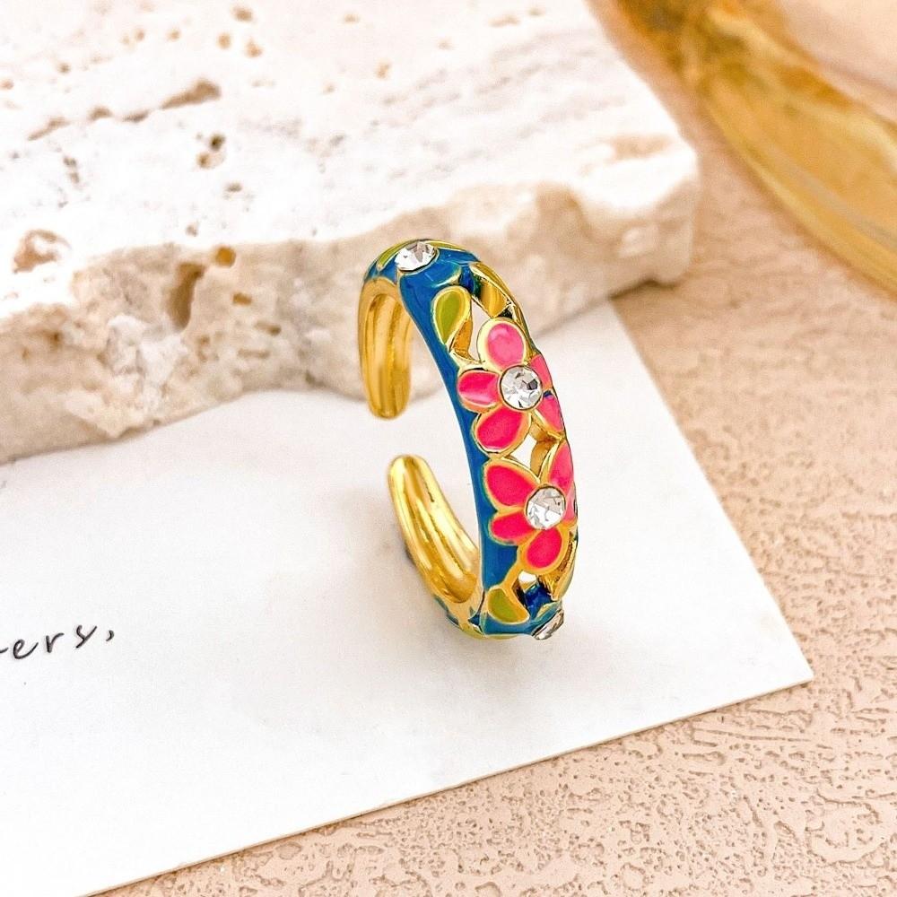 Hollow Out Vintage Geometric Rings Classic Gold Plated Ring Colorful Enamel Flower Rings  Romantic