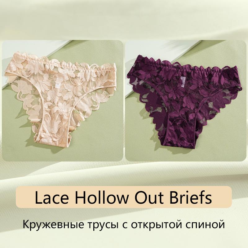 FINETOO 2Pcs Women's Satin Floral Lace Underwear Sexy Hollow Out Panties Solid Low-Waist Perspective Briefs Girls Soft Lingerie