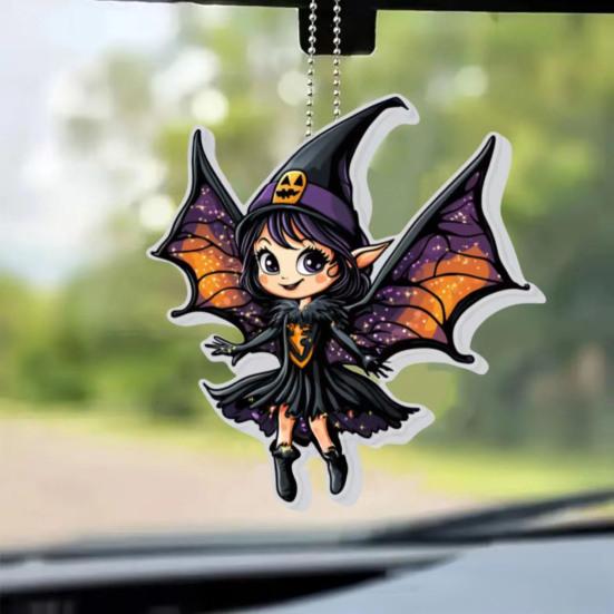 Halloween Car Rearview Mirror Charm Cartoon Bat/Cat/Ghost/Witch Acrylic Pendant 2D Flat Auto Interior Accessories for Cat Backpack Phone