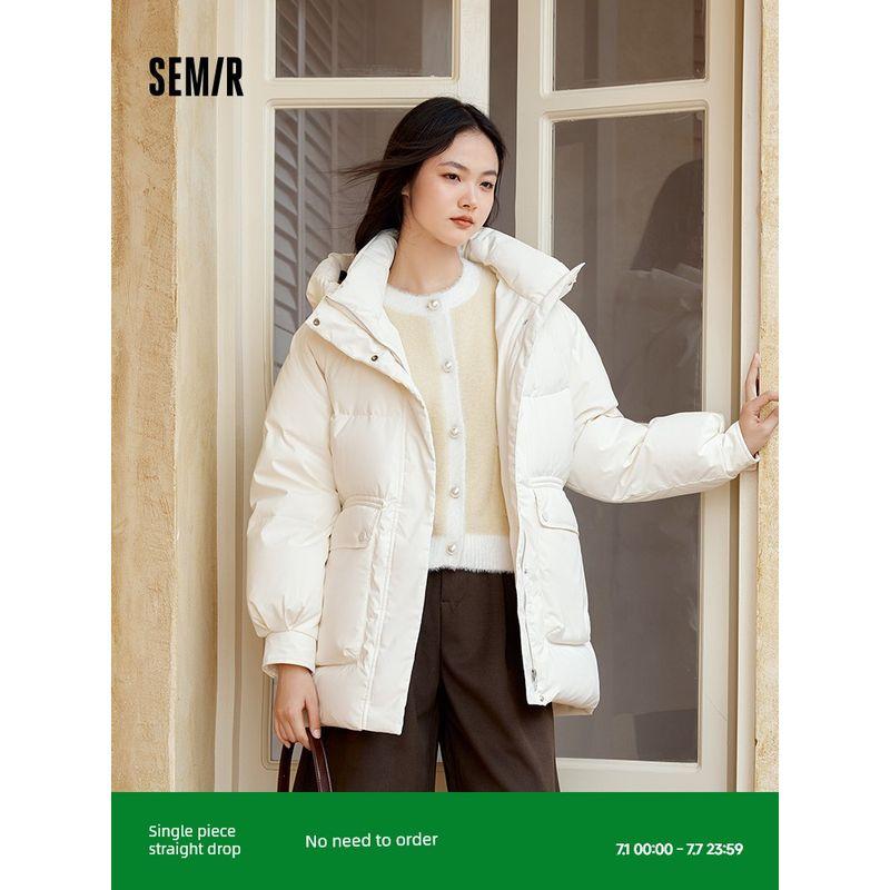 

[Same Style with Mall] Senma down Jacket Women s Mid Length Long Length Loose Raglan Sleeve 2023 Winter New Arrival Three-Proof Hooded Outwear Milk White (White Duck Down) 10534 160/84A/M