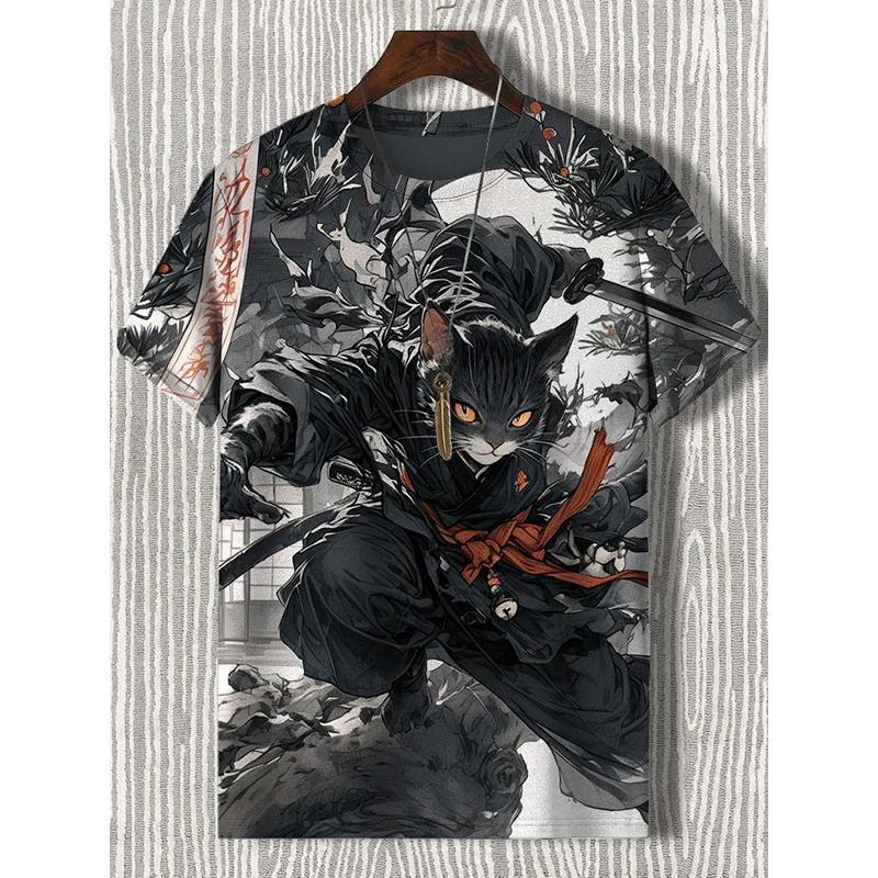 Men's T-Shirt Japanese Style Samurai Cat Graphic 3D Printed T-Shirt Casual Short Sleeved Tee Outdoor Oversized Men Clothing Tops