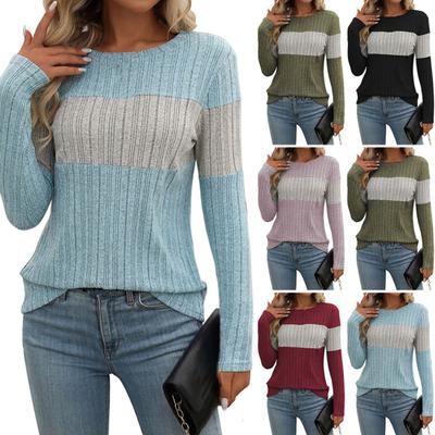 Damen Oberteile Rundhals Langarm Colorblock Rippstrick Oberteile Locker Geschnitten