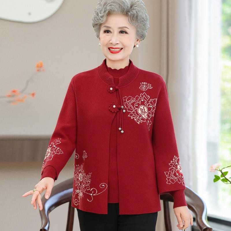 Grandma's Autumn Sweater Cardigan Middle Elderly Clothes Female Old Lady Two-piece Suit Year-old 0 Mother Coat