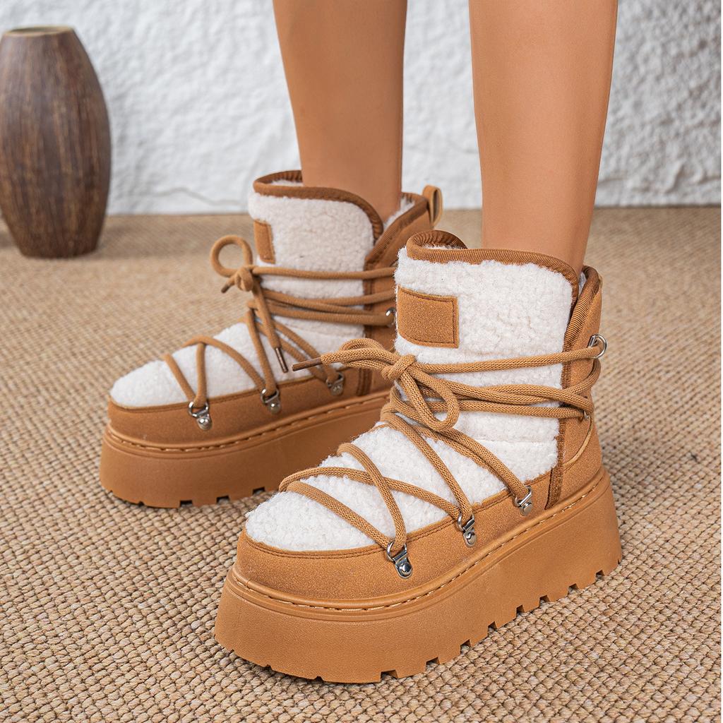 Fashion Women's Winter Snow Boots Fleece Lined Thick Bottomed Cotton Shoes 2025 Ties Fashionable Warm Rubber Outsole 6CM Heightening