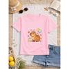 European Sizes Girls' Capybara Birthday Print Short-Sleeve T-Shirt, Kids' Summer Casual Top, Comfortable and Versatile