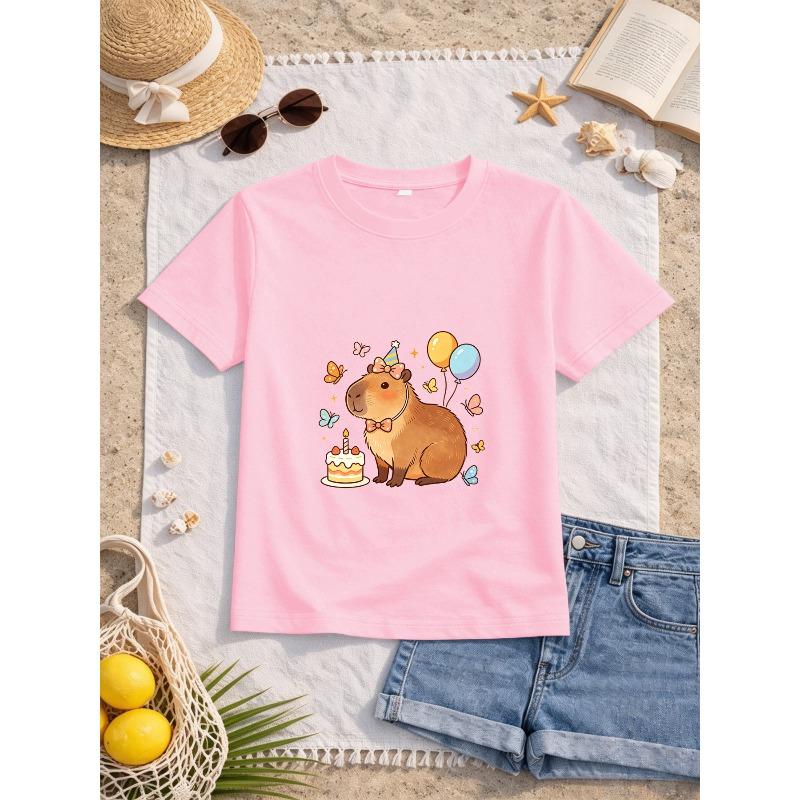 European Sizes Girls' Capybara Birthday Print Short-Sleeve T-Shirt, Kids' Summer Casual Top, Comfortable and Versatile