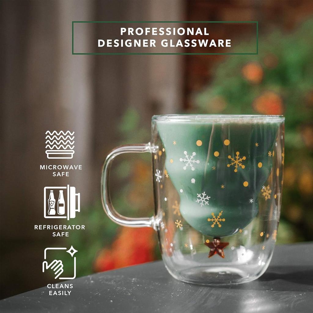 10oz Christmas Coffee Mugs, 1PCS Holiday Cups Double Wall Glass Tableware with Lid And Handle Tree Snowflake Design 300ML