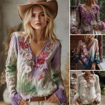 Damen T-Shirt V-Ausschnitt Langarm 3D Blumen Dekor Pullover Tops mit Kunstperlen Dekor Frühling Herbst Casual T-Shirt