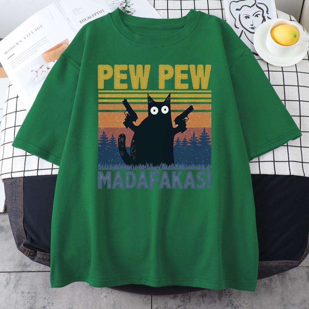 Pew Madafakas Black Cat Print Male Cotton Tee Clothing Personality Vintage Cotton TShirts Casual Trend Tops Unisexs Short Sleeve
