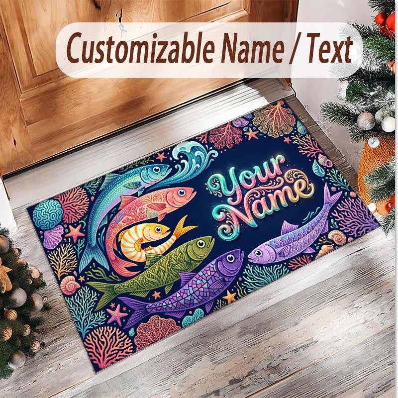 Fish Ocean Theme Soft Crystal Velvet Rug Custom Name & Text Print Non Slip Floor Rug for Bedroom Living Room