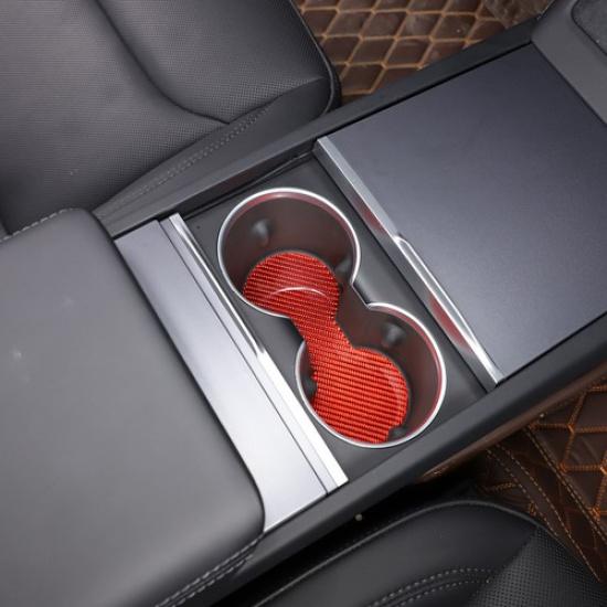 Red Carbon Fiber Center Cup Holder Water Mat Trim Sticker for Tesla Model 3 23+