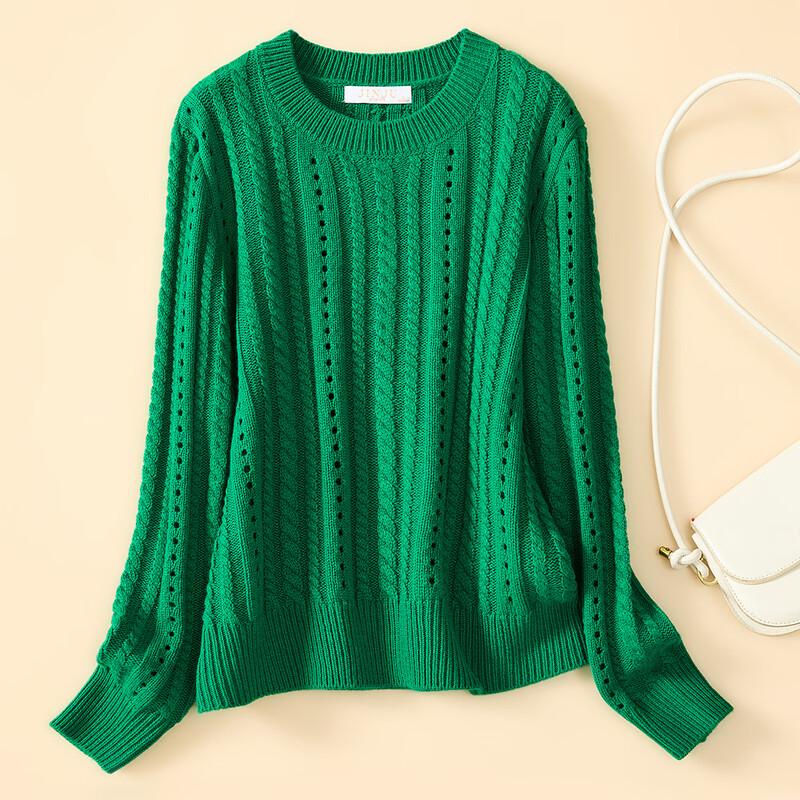 Women's Thickened Wool Blend Pullover Sweater - Round Neck, Hollow-out Knit