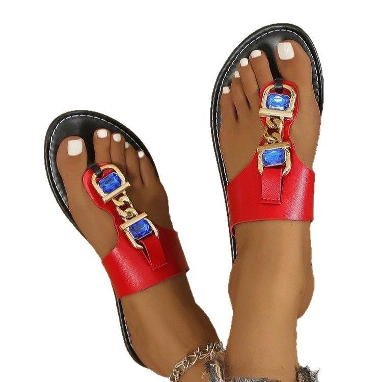 2025 New Fashion Large Size Metal Buckle Rhinestone Flat Bottom Slippers Women's Outer Wear Mezzanine Sandals