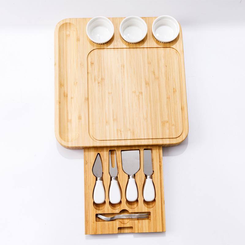 Bamboo Cheese Board with Knife Set and Drawer Tray
