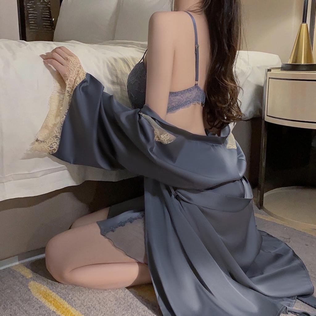 Velký Ocelový Kroužek Shromažďuje Sexy Domácí Oblečení Pohodlné Ledové Hedvábí Plus Podprsenka s Košíčky Šle Noční Košile Župan