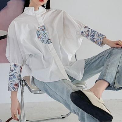 Chemise Broderie Florale Style Chinois Décontractée Ample Printemps Automne Vintage Col Montant Vêtements pour Femmes Chemisier Boutonné sur le Devant