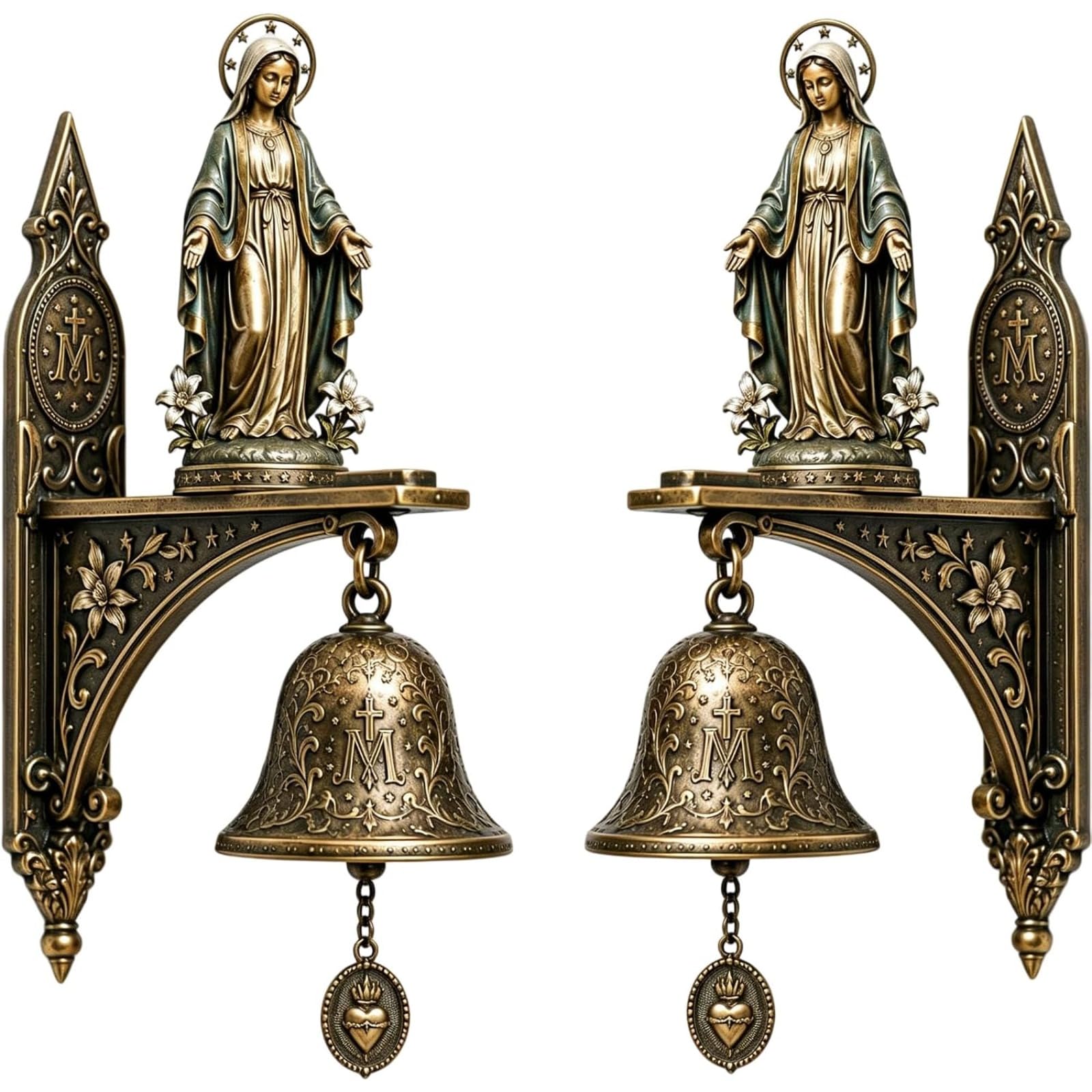 Our Lady of Grace Bronze Wall Bell - Catholic Religious Wall Decoration, Hanging Prayer Bell of the Virgin Mary, Catholic Gift (Set of 2) Pack of 2