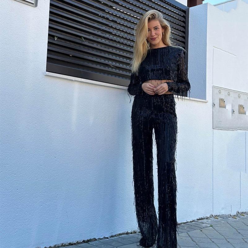 Paiete cu ciucuri Femei Seturi 2 piese Argintiu Mătase strălucitoare Topuri crop cu decolteu Pantaloni largi Pantaloni pentru femei Set de pantaloni pentru femeie Fashion Street Lady Set Legant Party Sexy Outfits