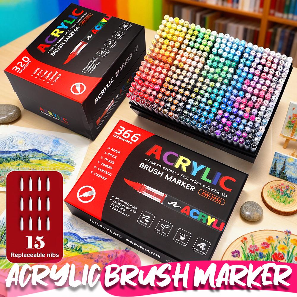 120/288/366 Colors Acrylic Paint Soft Brush Markers Set, Paint Pens Paint Markers, Acrylic Paint Pens for Wood, Stone, Canvas