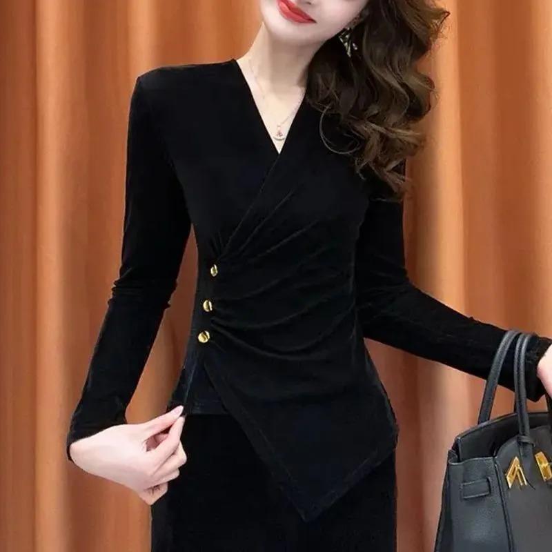 Autumn New Style French V-neck Buttoned Waist Slimming Long-sleeved Velvet Elegant Women's Top