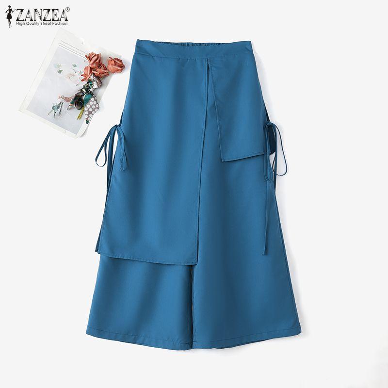 ZANZEA Womens Casual Elastic Waist Loose Layered Wide Leg Cropped Pants